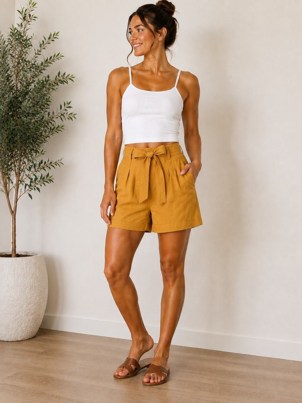 Antonio Melani Mustard Linen Blend Belted Shorts Size 8